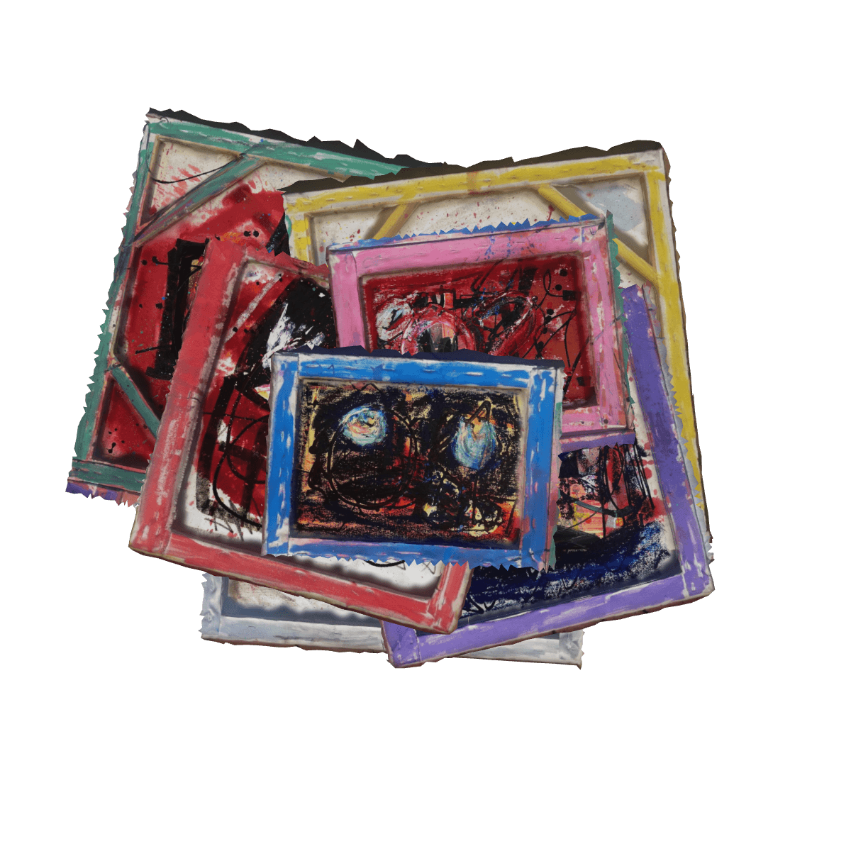 The seven canvases lying in a pile, back side up